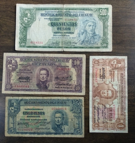 Lote X 4 Billetes Uruguay, Pesos Moneda Nacional. Usados!!!
