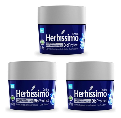 Kit 3 Desodorante Creme Herbissimo Bioprotect Cedro 55g