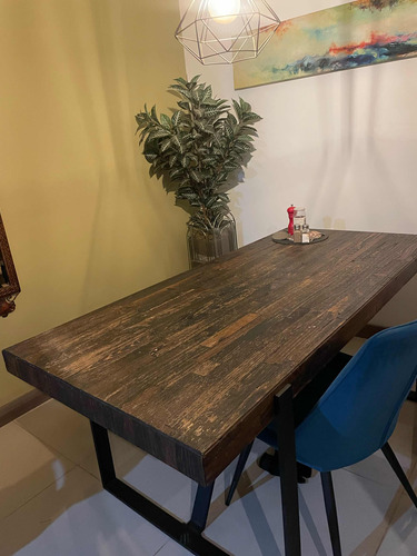 Comedor En Madera, Con 2 Sillas Azulpetróleo Y Banca 