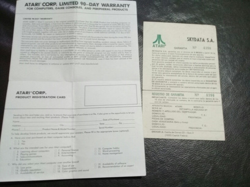 Certificado Original De Garantia De Atari Corp. (precio X Un