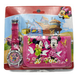 Kit Relógio Analógico E Carteira Infantil Mickey E Minnie