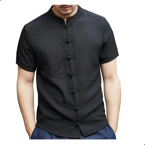 Camisas Manga Corta Retro Hombre Color Sólido Cárdigan Slim