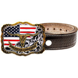 Cinto Couro + Fivela Eua Dourada American Longhorn Original