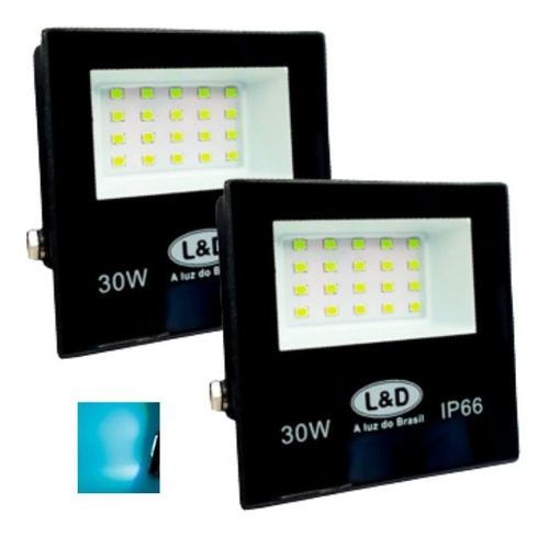 Kit 2 Refletores Led 30w Luz Azul Holofote Galpão Loja Casa