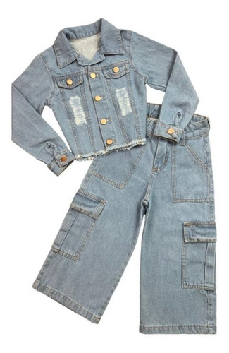 Conjunto Infantil All Jeans Wid Leg E Jaqueta Mini Diva Luxo