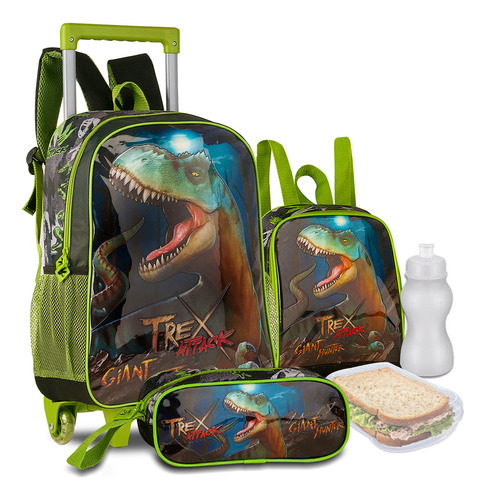 Kit Mochila Infantil T-rex Escolar Dinossauro Com Rodinhas