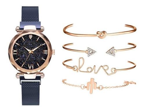 Kit Reloj De Iman Geneva Pulsera Caja De Regalo Clásico 5pz