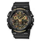 Reloj De Pulsera Casio G-shock Ga100 De Cuerpo Color Negro, Analógico-digital, Para Hombre, Fondo Marrón, Verde Y Negro, Con Correa De Resina Color Negro, Agujas Color Amarillo, Dial Amarillo, Subesfe