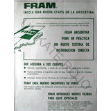 Antiguo Folletos Carta Membretada Auto Filtros Fram Año 1970