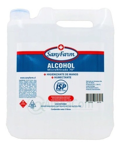 Alcohol Al 70° Liquido Microfiltrado 5 Lt  Sanyfarm R Isp