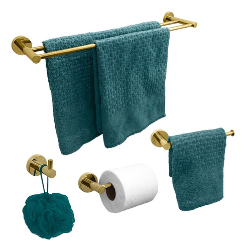 Kit De Banheiro Dourado Acessório Lavabo Porta Toalha Duplo