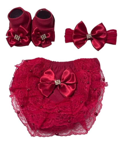 Conjunto Acessórios Bebê Menina Kit 03 Peças Calcinha Tiara 