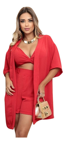 Conjunto Duna Trio Feminino Kimono, Top, E Shorts