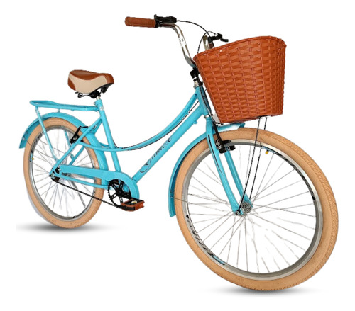 Bicicleta Aro 26 Azul Feminina Urbana Pneu Bege Bagageiro