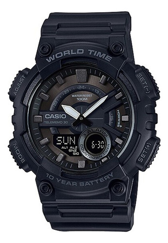 Reloj Casio Caballero Aeq-110w-1bvcf Con 3 Alarmas Color De La Correa Negro Color Del Bisel Negro Color Del Fondo Negro