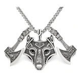 Collar Lobo Doble Hacha Valknut Color Plata Vikingo Hombre