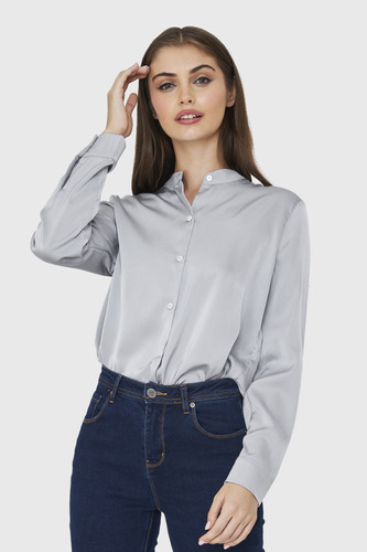 Blusa Cuello Mao Tipo Satín Gris Nicopoly