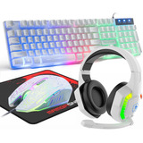 Kit Teclado Mouse Y Auriculares Blancos Rgb + Mouse Pad