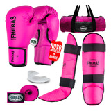 Kit Muay Thai Luva Bandagem Caneleira Bucal Bolsa Rosa 14oz