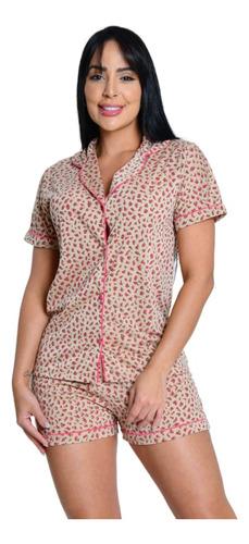 Pijama Curto De Verão Aberto Com Botão Feminino Americano