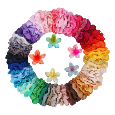 60 Colores Ligas Cabello Scrunchies Satén Con 5pinzas Flores