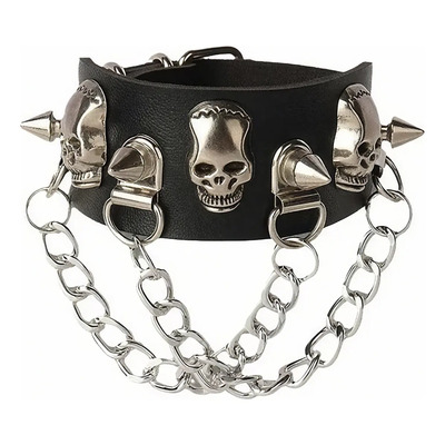 Pulsera Rock Punk De Cuero Con Calaveras Cadenas Y Tachuelas