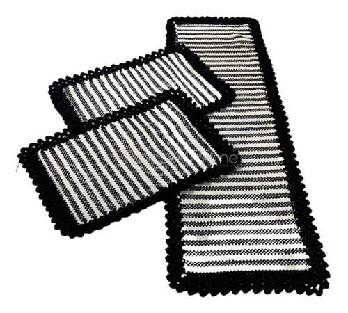 Tapete Fio De Malha Jogo 3 Peças Bico Crochê (preto/branco)