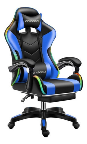 Silla Gamer Con Luz Rgb Reposapiés Y Masajeador Reclinable Color Azul