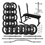 Kit Completo Musculação 60kg Anilhas Com 4 Barras E Banco