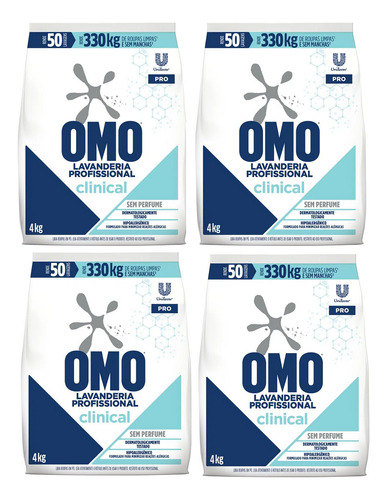 Kit 4 Pacote Lava Roupas Omo Pro Profissional Clinical 16 Kg