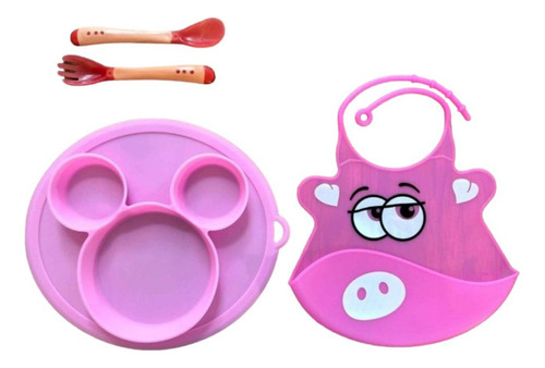 Set De Vajilla Silicona Bebe Sin Bpa Succión Plato Babero