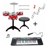 Kit Musical Infantil Mini Bateria + Teclado Piano 32 Teclas