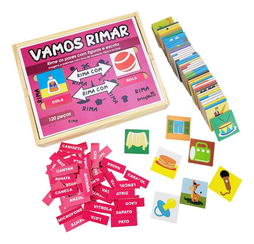 Jogo De Rima Pedagógico Infantil Madeira Vamos Rimar 120 Pçs