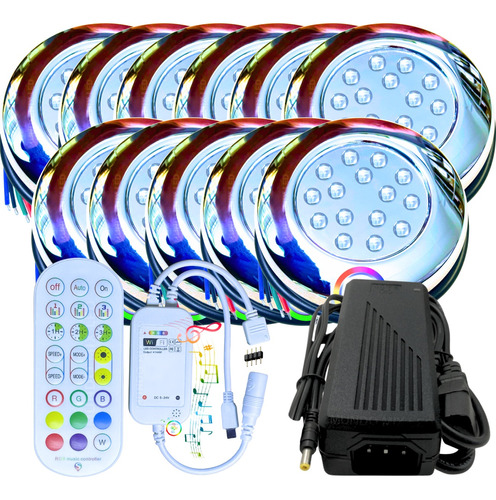 Kit 11 Luminária Piscina Led 15w Rgb Inox + Wifi App + Fonte