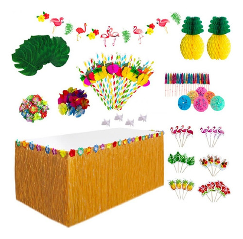 Juego De Mesa Hawaiano 131 Piezas Falda Fiesta Tropical Deco