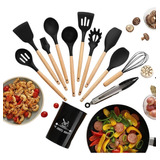 Kit C/12 Colheres De Cozinha Linda De Silicone Cabo Madeira