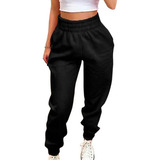 Calça De Moletom Feminina Jogger Cós Alto Bolso Lateral