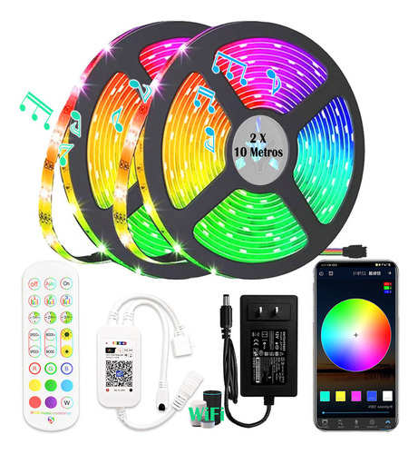 Fita Led 20 Metros Rgb Wifi Colorida Com Controle+fonte