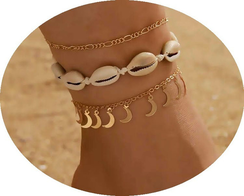 Tobilleras Cadena Conchitas Luna Blanca Pulsera Sandalia Set