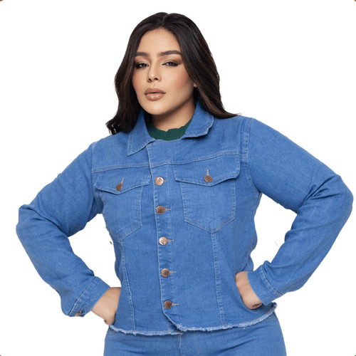 Jaqueta Jeans Feminina Plus Size Curta Com Lycra Desfiada