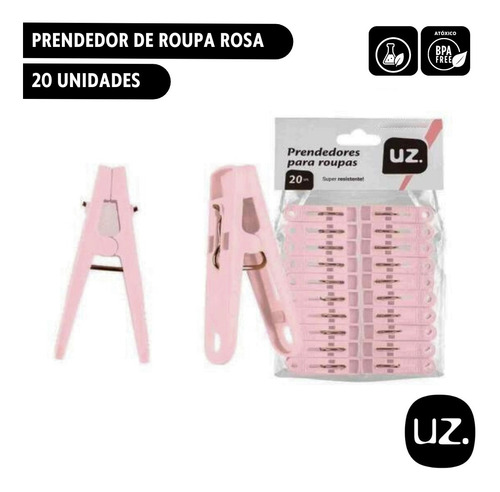 Kit Com 20 Unid Prendedores De Roupa Plásticos 5,3cm Rosa Uz