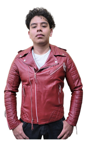 Chamarra Biker De Piel Para Hombre Rockera Cuero Roja Slim