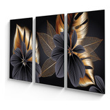 Cuadro Tríptico Decorativo Flores En Negro Y Dorado 90x50cm