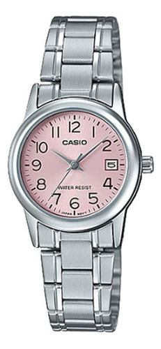 Relógio Casio Feminino Prata Ltp-v002d-4budf Fundo Rosa