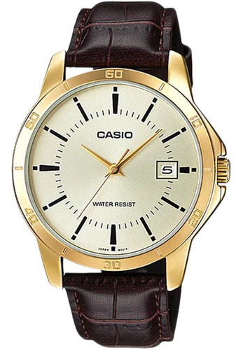 Reloj De Pulsera Casio Enticer Mtp-v004 De Cuerpo Color Dorado, Analógico, Para Hombre, Fondo Dorado, Con Correa De Cuero Color Marrón, Agujas Color Dorado, Dial Negro, Minutero/segundero Negro, Bisel