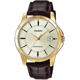 Reloj De Pulsera Casio Enticer Mtp-v004 De Cuerpo Color Dorado, Analógico, Para Hombre, Fondo Dorado, Con Correa De Cuero Color Marrón, Agujas Color Dorado, Dial Negro, Minutero/segundero Negro, Bisel