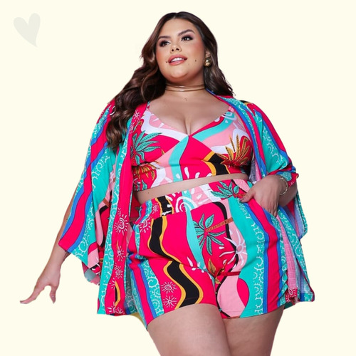 Conjunto Plus Size Femininos Cropped Short Kimono Moda Praia