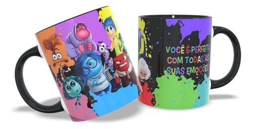 Caneca Porcelana Alça Preta Emoções Divertidamente 325ml