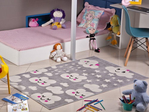 Tapete Infantil Quarto Feminino Menina Nuvem Cinza 80cm