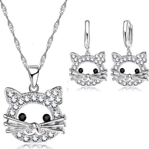 Conjunto Plata 925 Gato Gatico Aros Collar Mujer Regalo Nina